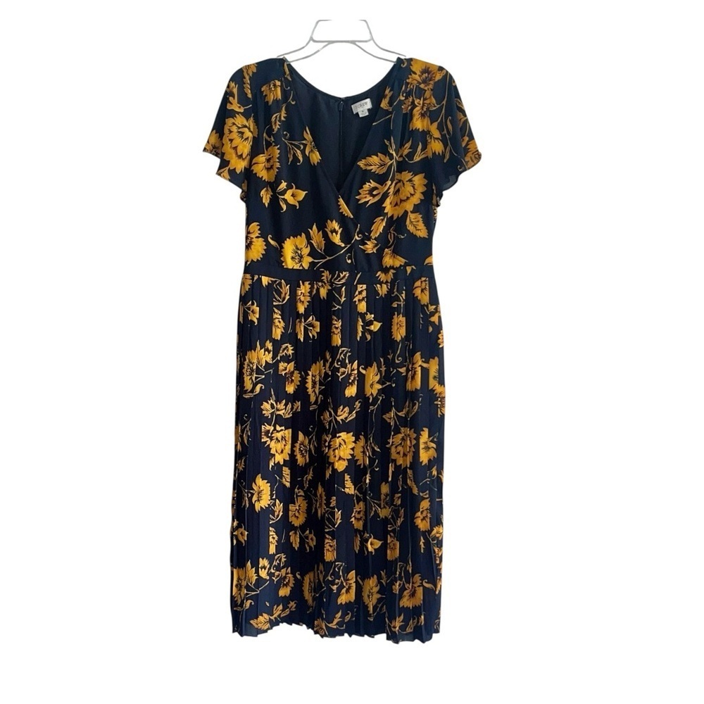 J. Crew Navy and Golden Printed Pleated Midi Wrap Dress Size 8 - Picture 2 of 10